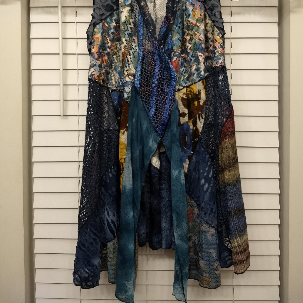 Soft Surroundings Boho Vest in multi color blues and tans - Picture 2 of 7